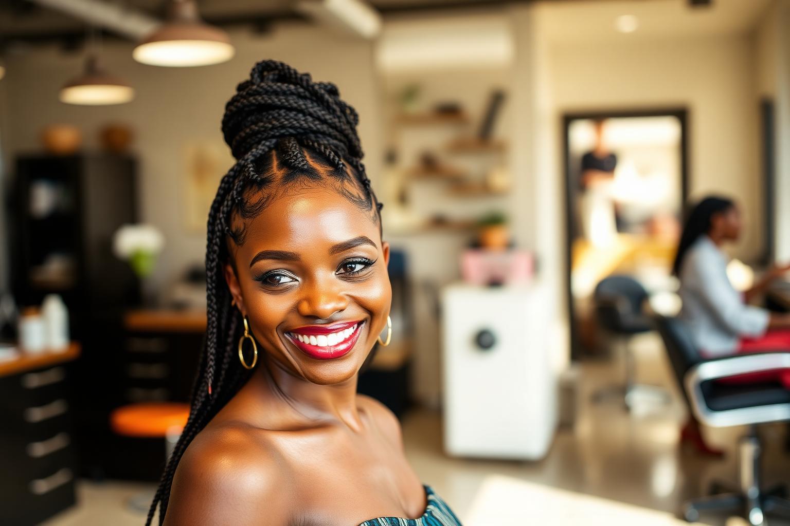 Cliente souriante dans un salon de coiffure à Dakar